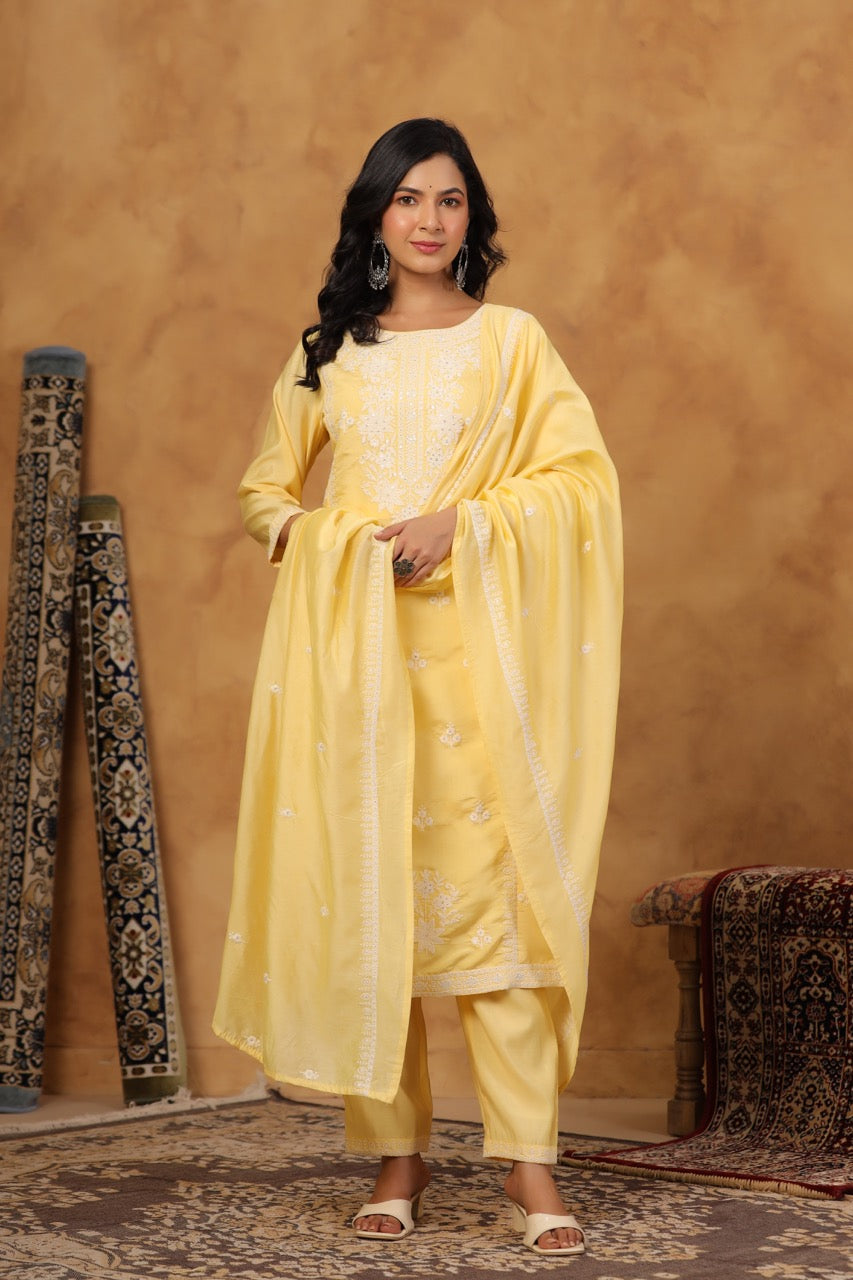 Elegant Embroidery Cotton Suit Set