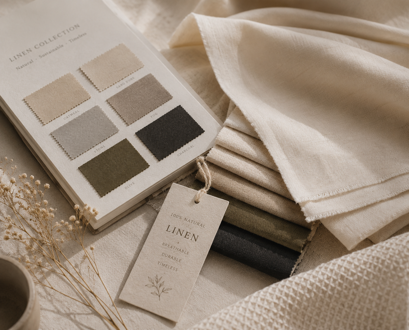 Folded fabric swatches selected for a new collection