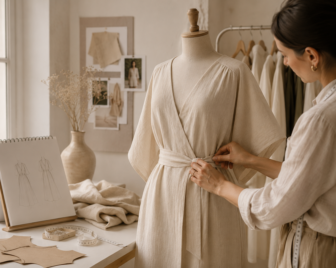 Sample garment fitted on a dress form for review