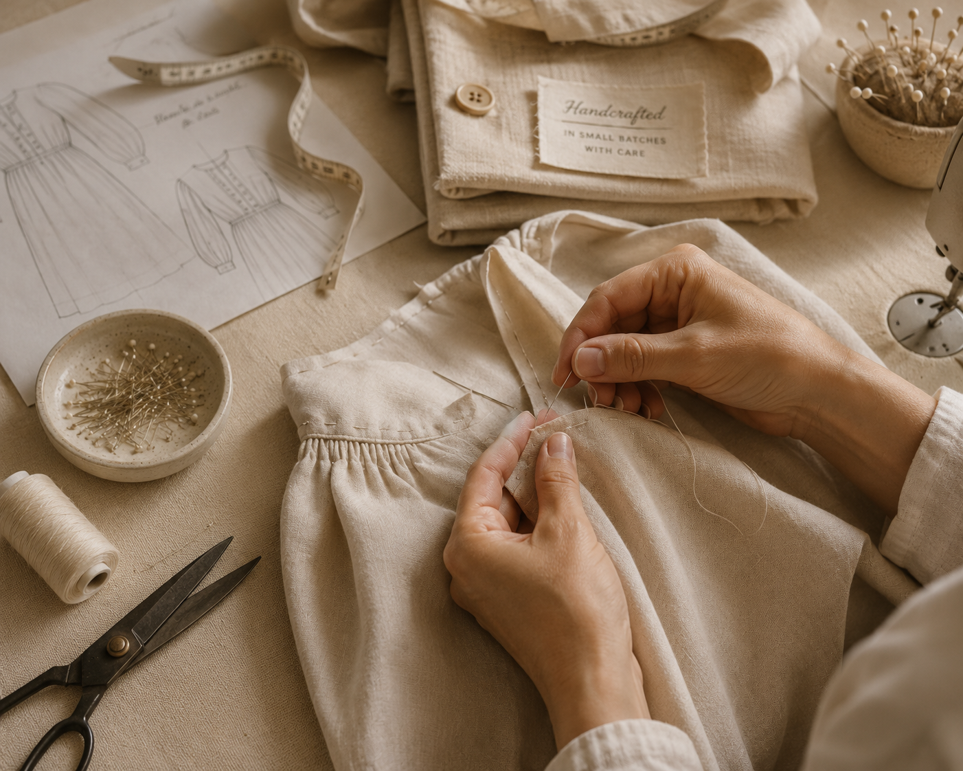 Skilled hands stitching a garment seam